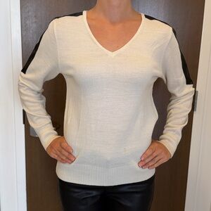 VENUS V-Neck Cream Sweater with Faux Leather Black Accents on shoulders